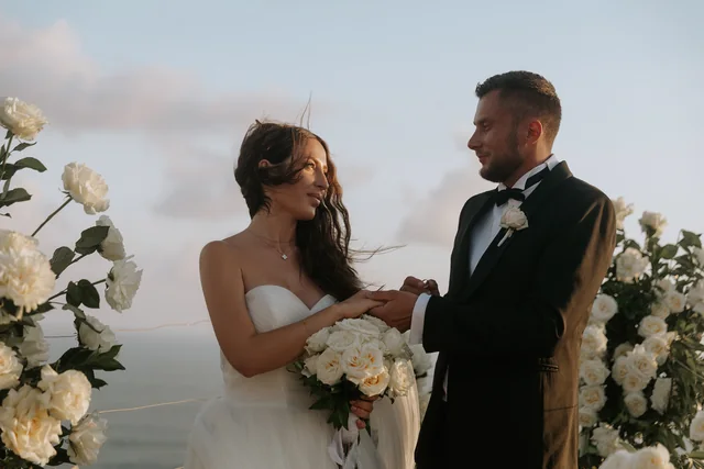 A couple at the villa on their wedding day